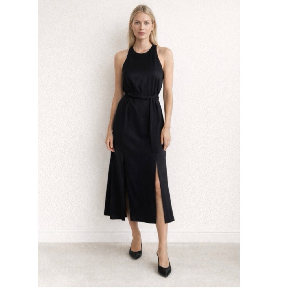 Raquel Allegra Black Racerback Belted Midi Dress | Quiet Luxury